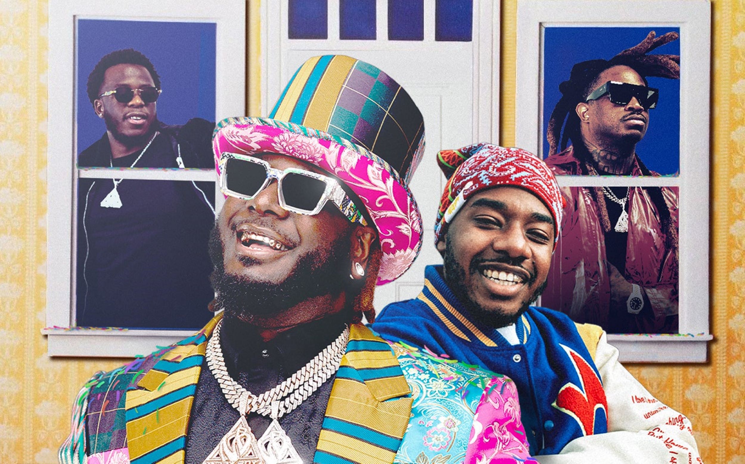 T-Pain smiles and poses in glasses and colorful clothing with a matching hat. 