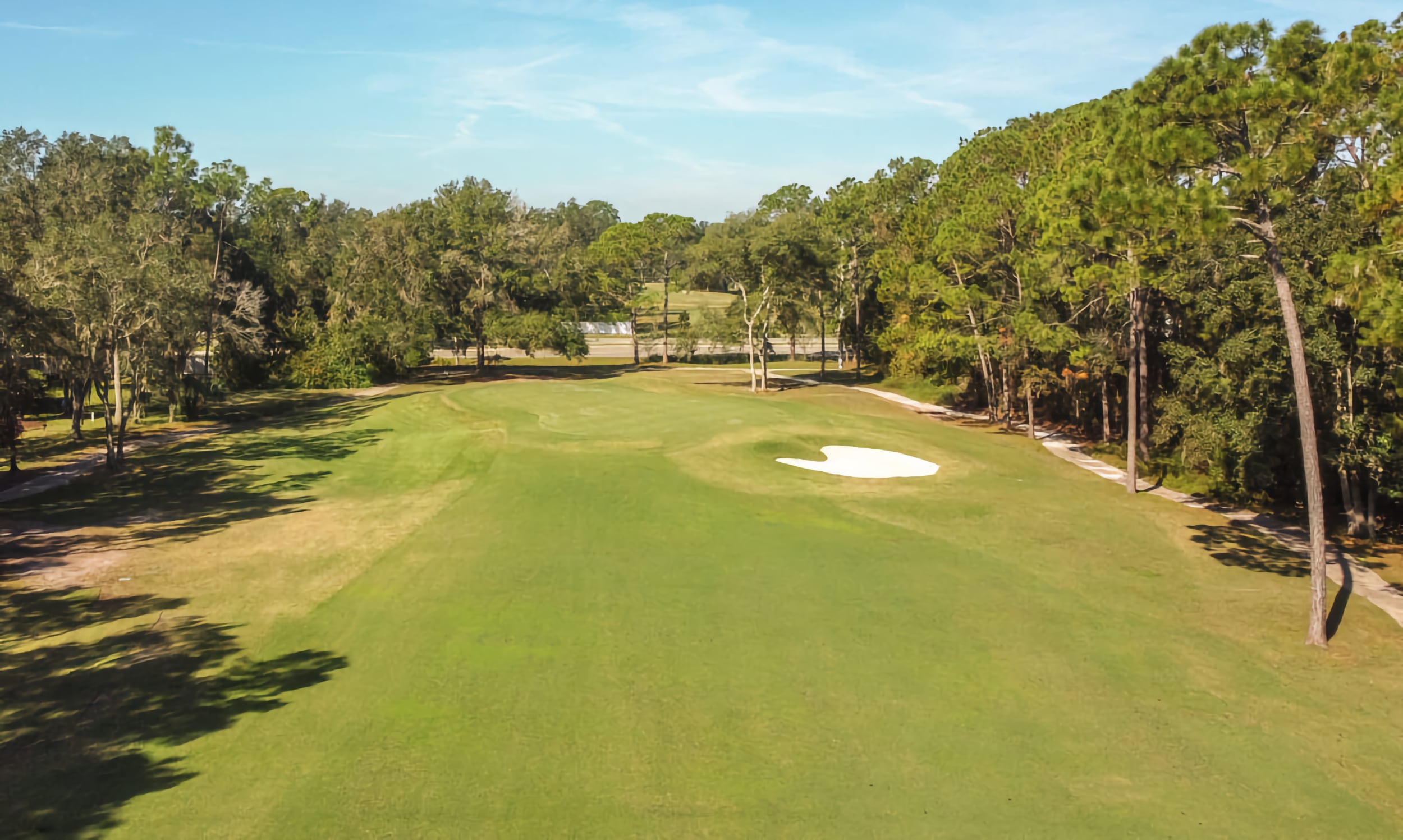 A fairway and solitary sand trap at Julington Creek Country Club, framed by dense tree barriers