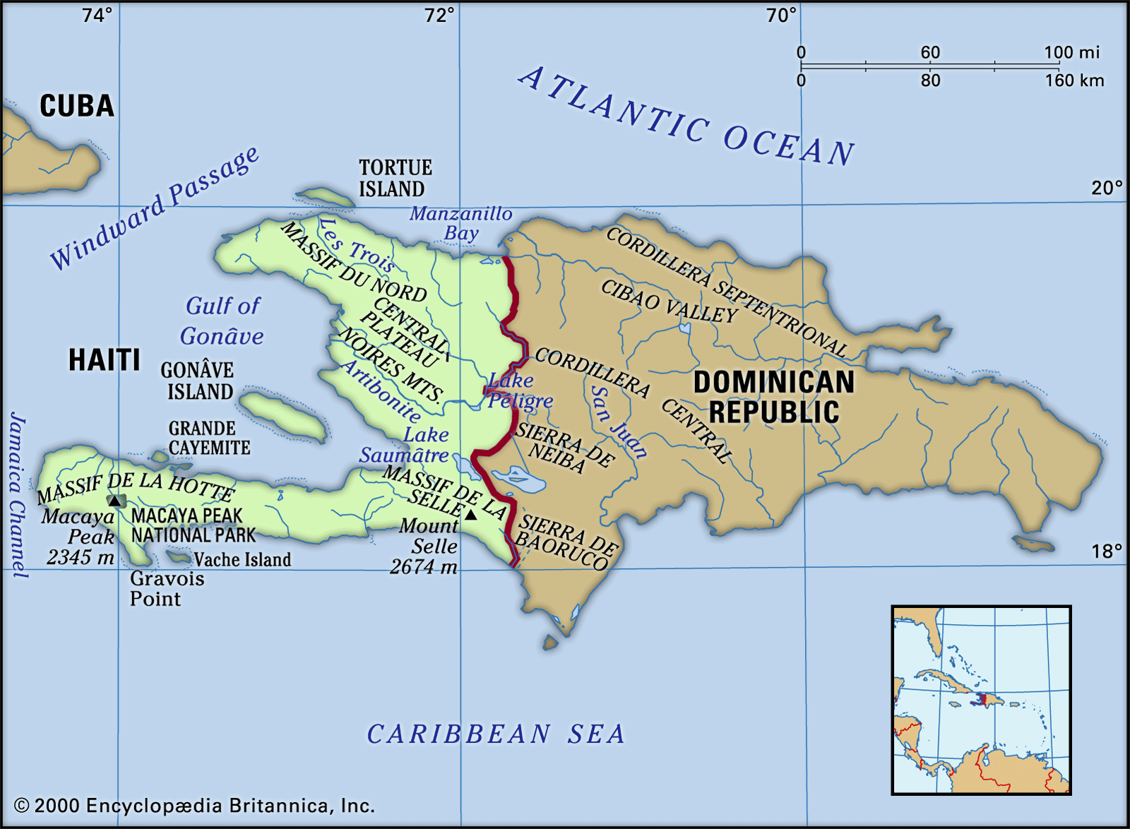 A map of the island of Hispanola, which is split in the middle and labeled Haiti on the west side and Dominican Republic on the east.