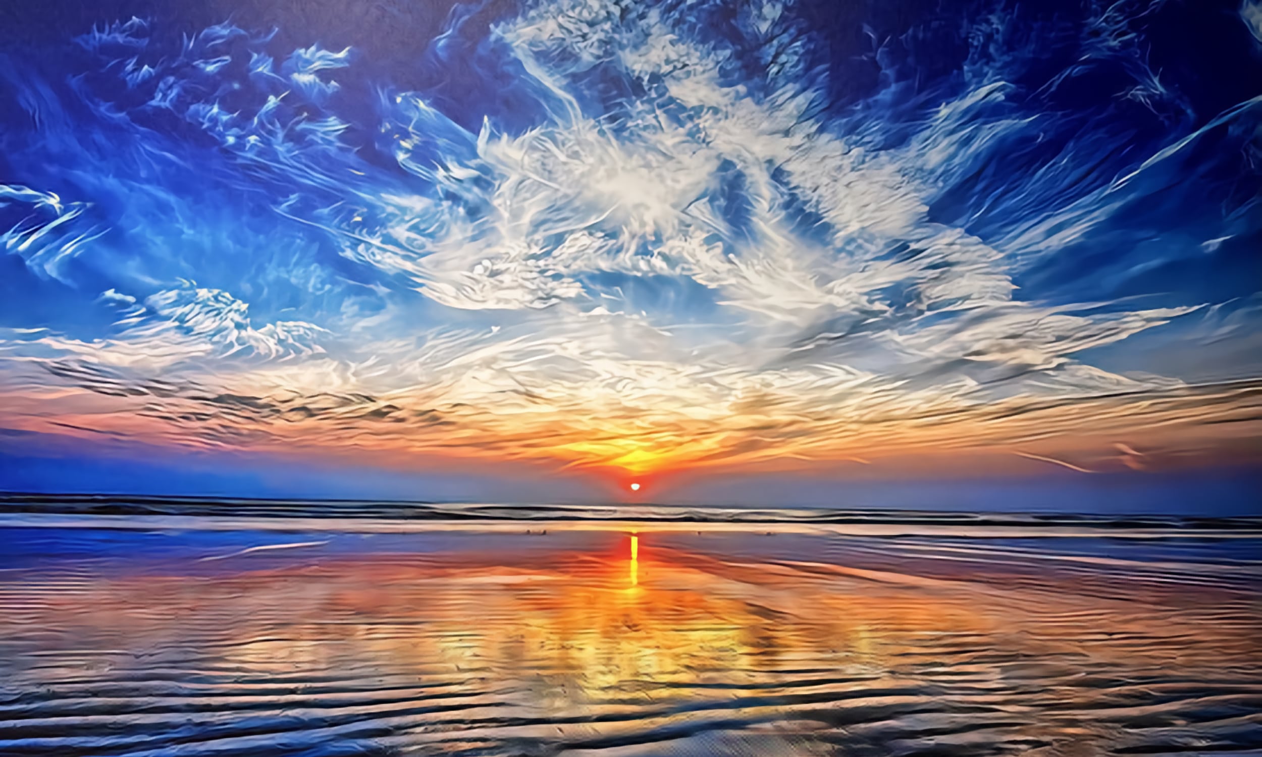 A David Fain photograph of the sun on the horizon, reflecting on the water