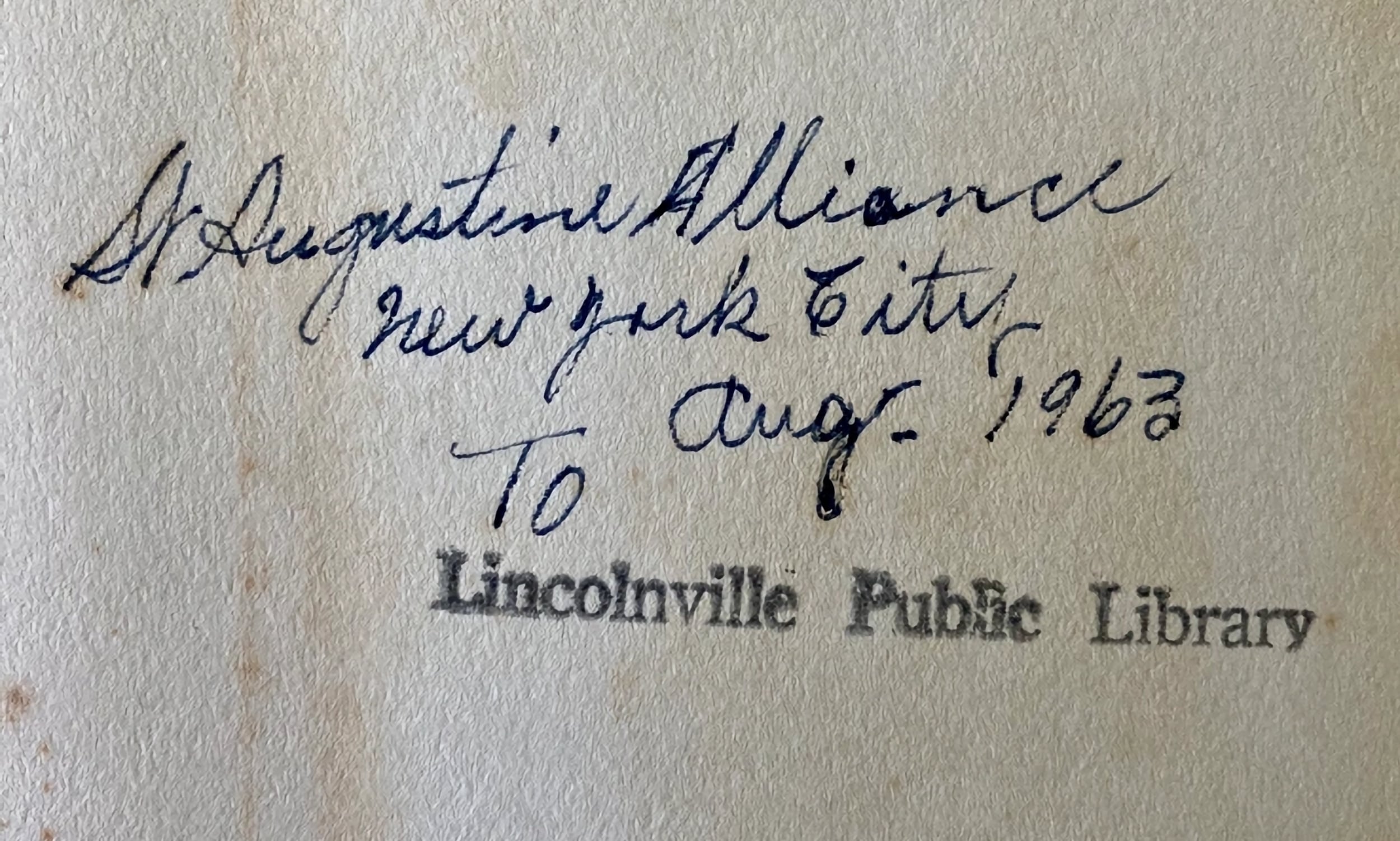 Handwritten note upon a paper surface. Handwritten (St. Augustine Alliance New York City Aug 1963 To:) and stamped (Lincolnville Public Library) portions present.