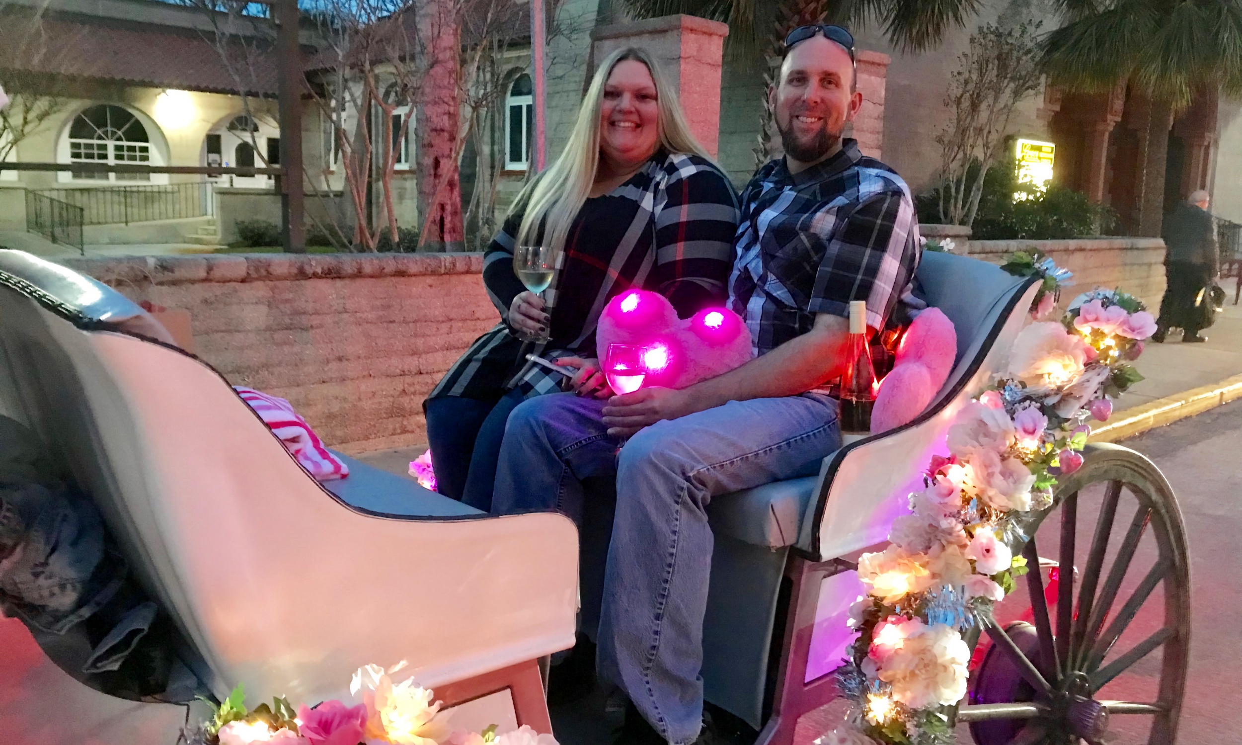 A couple sitting in a carriage
