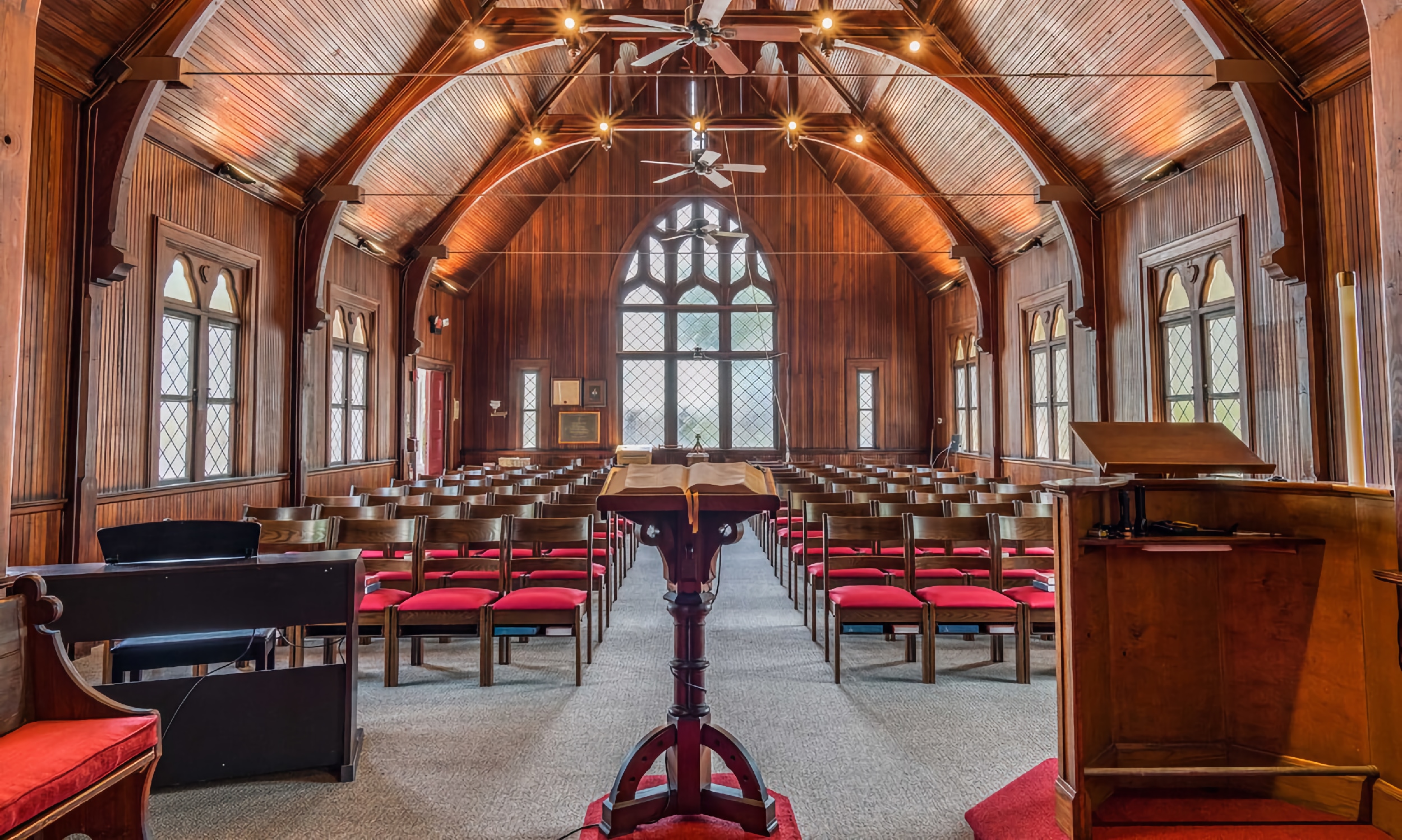 The interior of St. Cyprians is made of heart pine and has a deeply arched ceiling