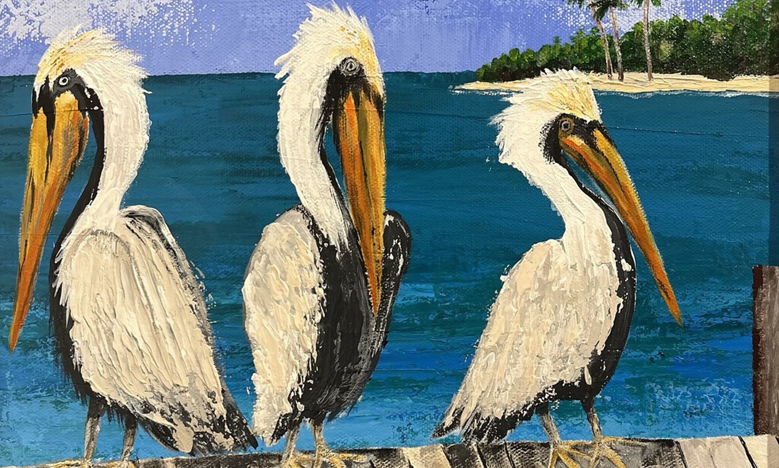 Knife acrylic painting of pelicans by the sea by Tracy Lovely