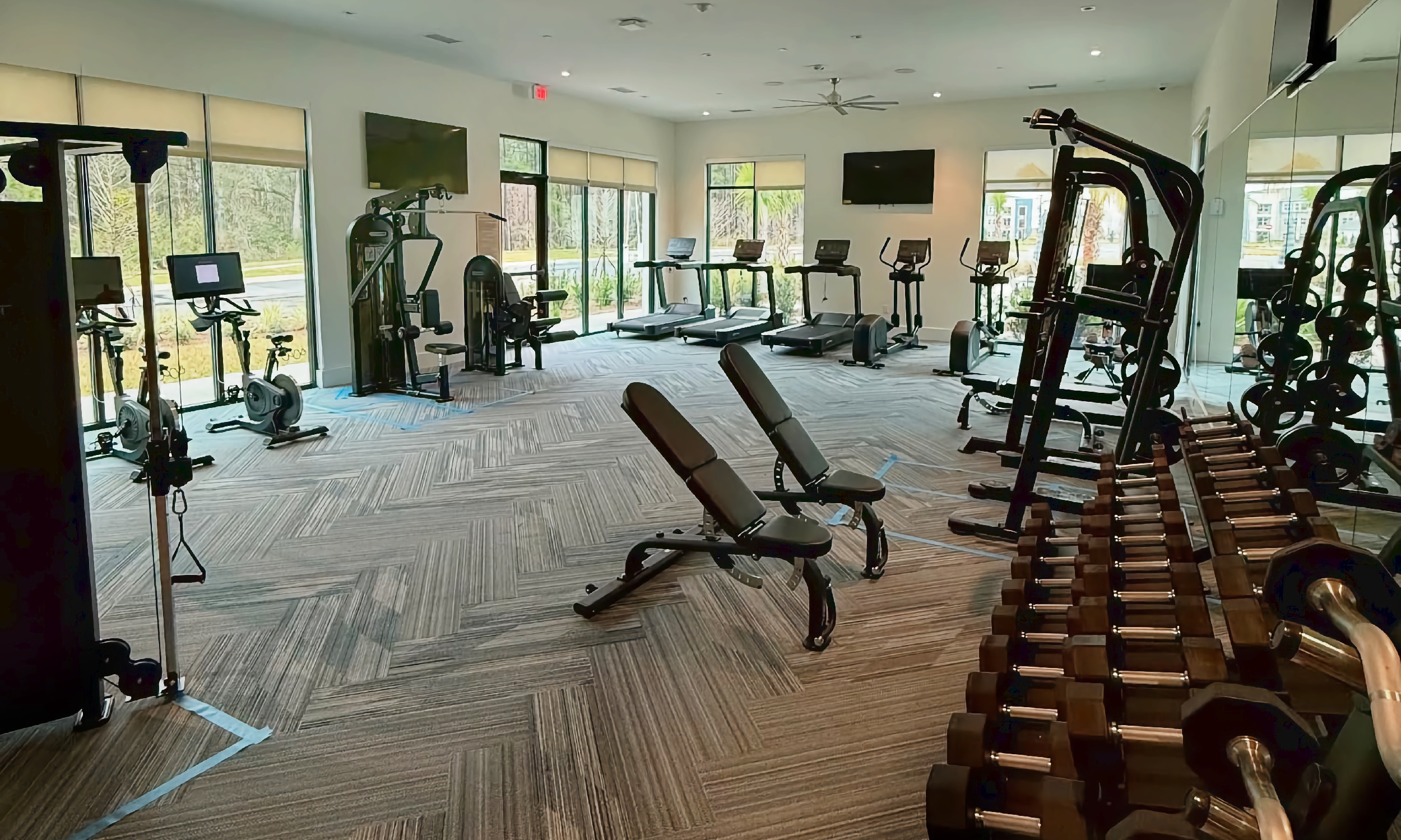 The spacious fitness center at The Bradley