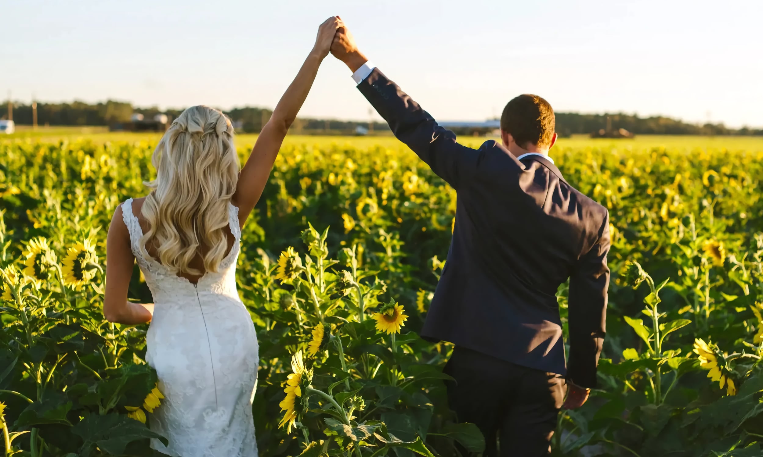 A bride and groom posing in a field at Parker Flower Farms