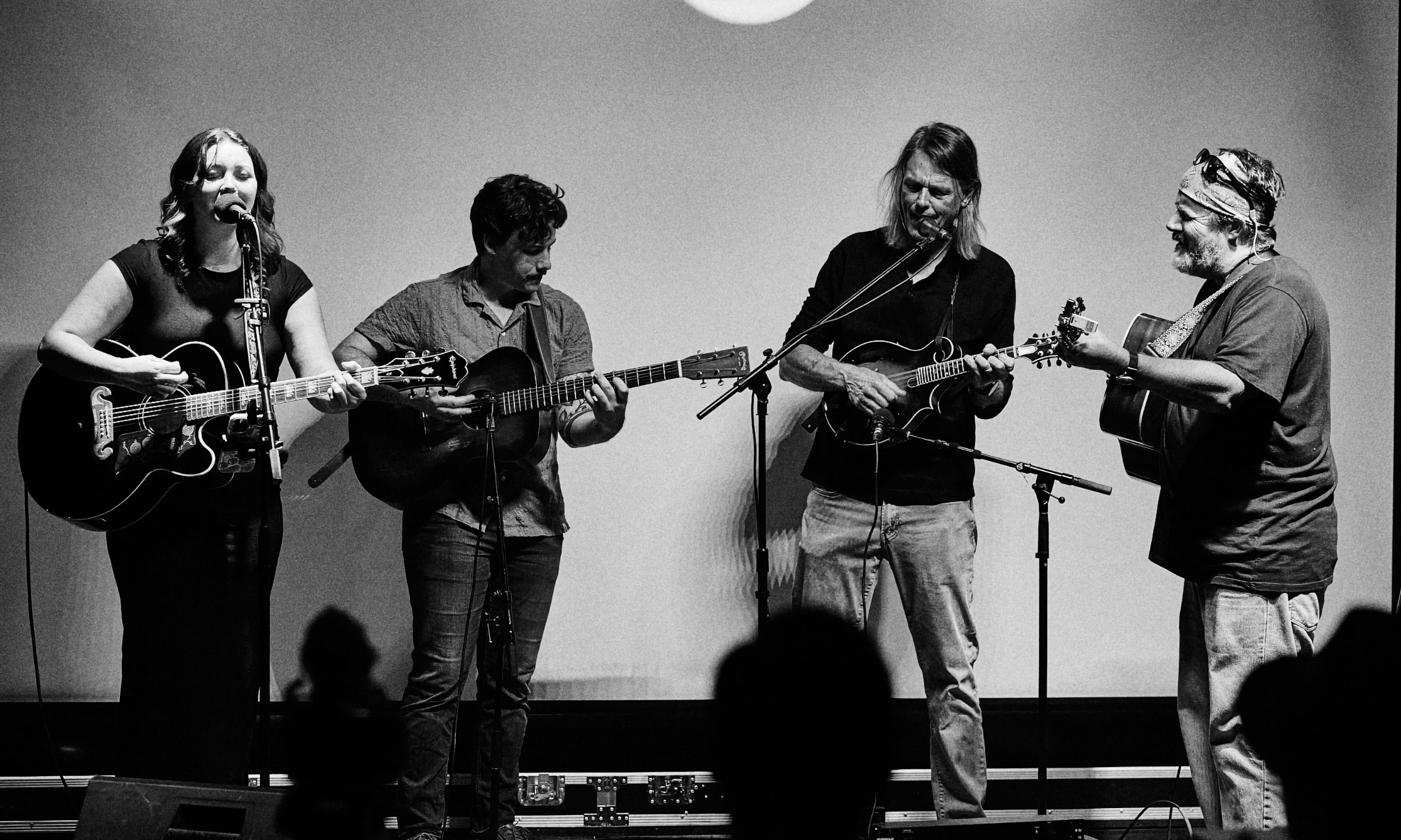 Three musicians with guitars and one with a mandolin on stange performing