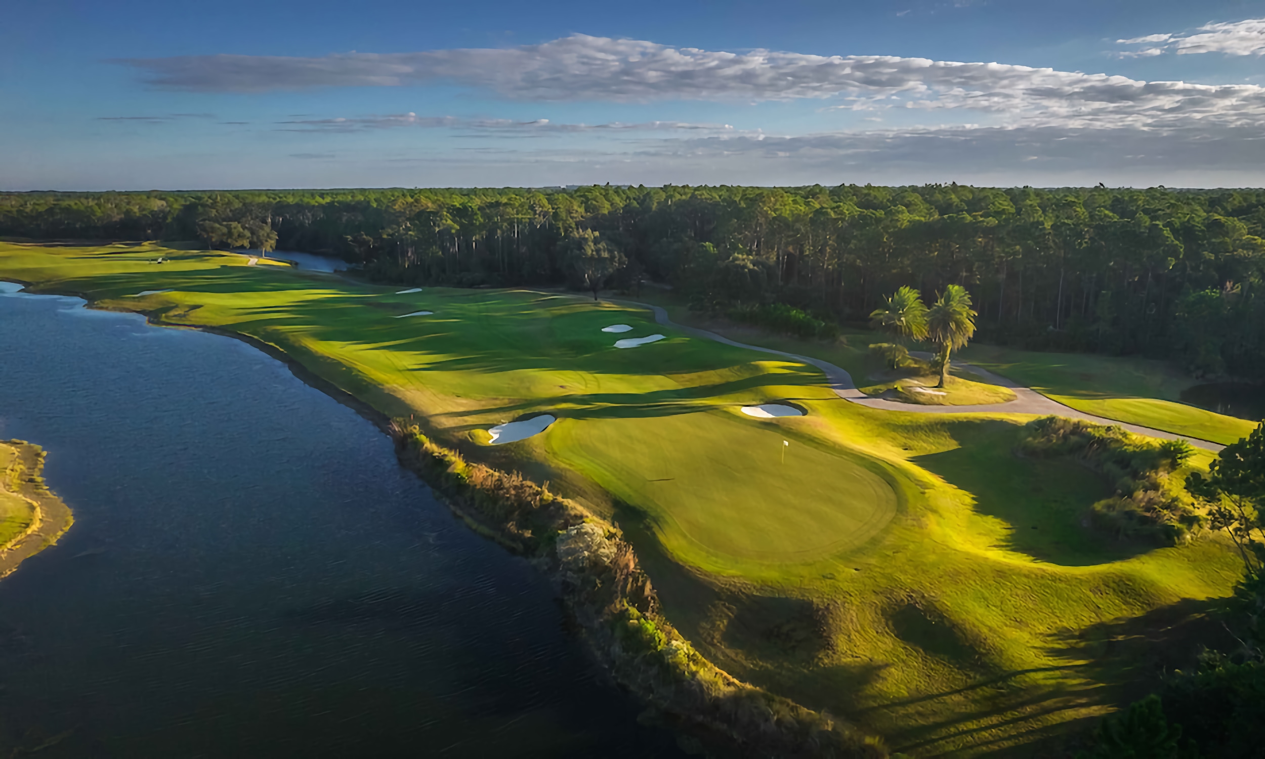 The fairway at the Tom Watson Signature Design Conservatory Course at Hammock Beach Resort, seen from the air