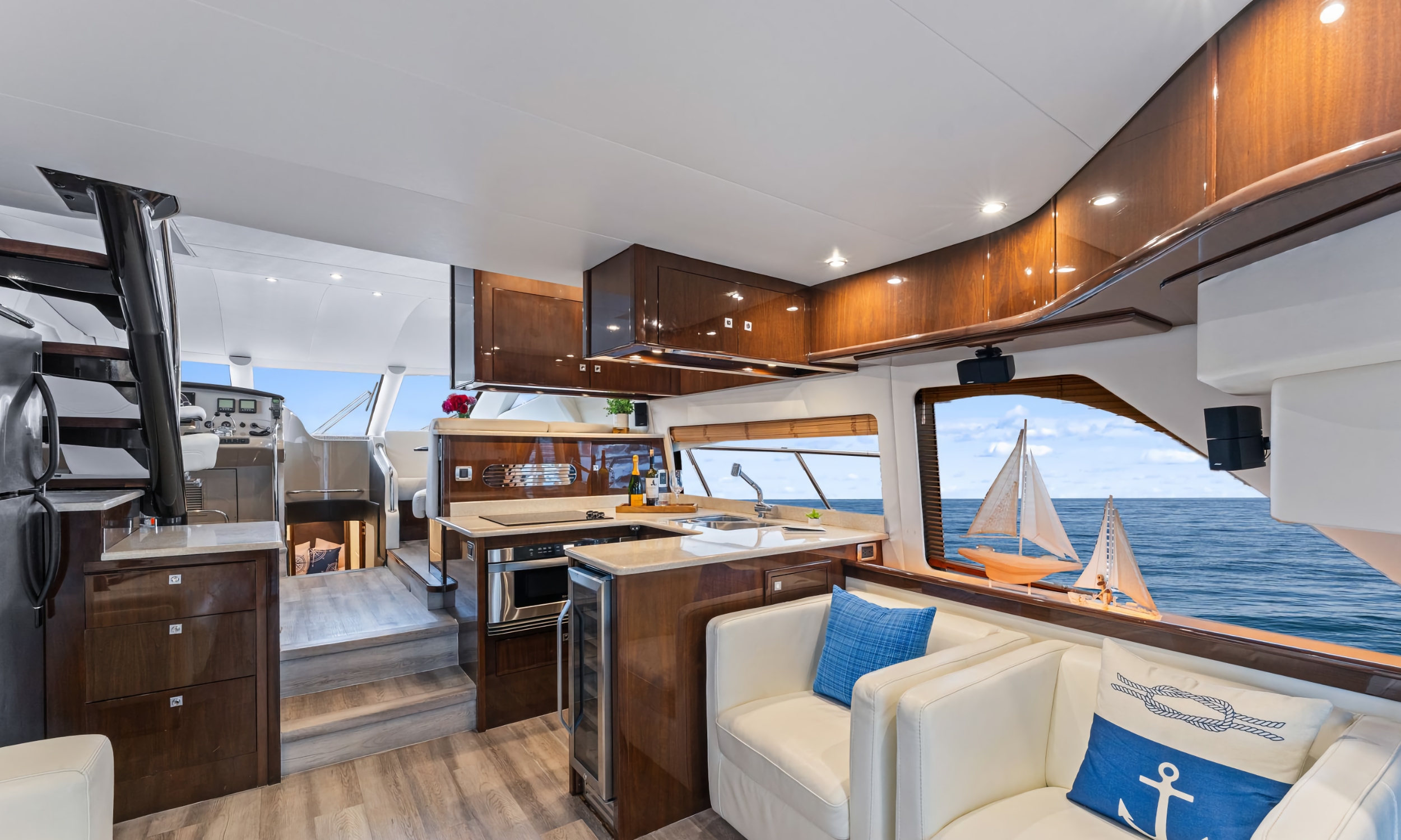 The main salon of a 55-foot power yacht