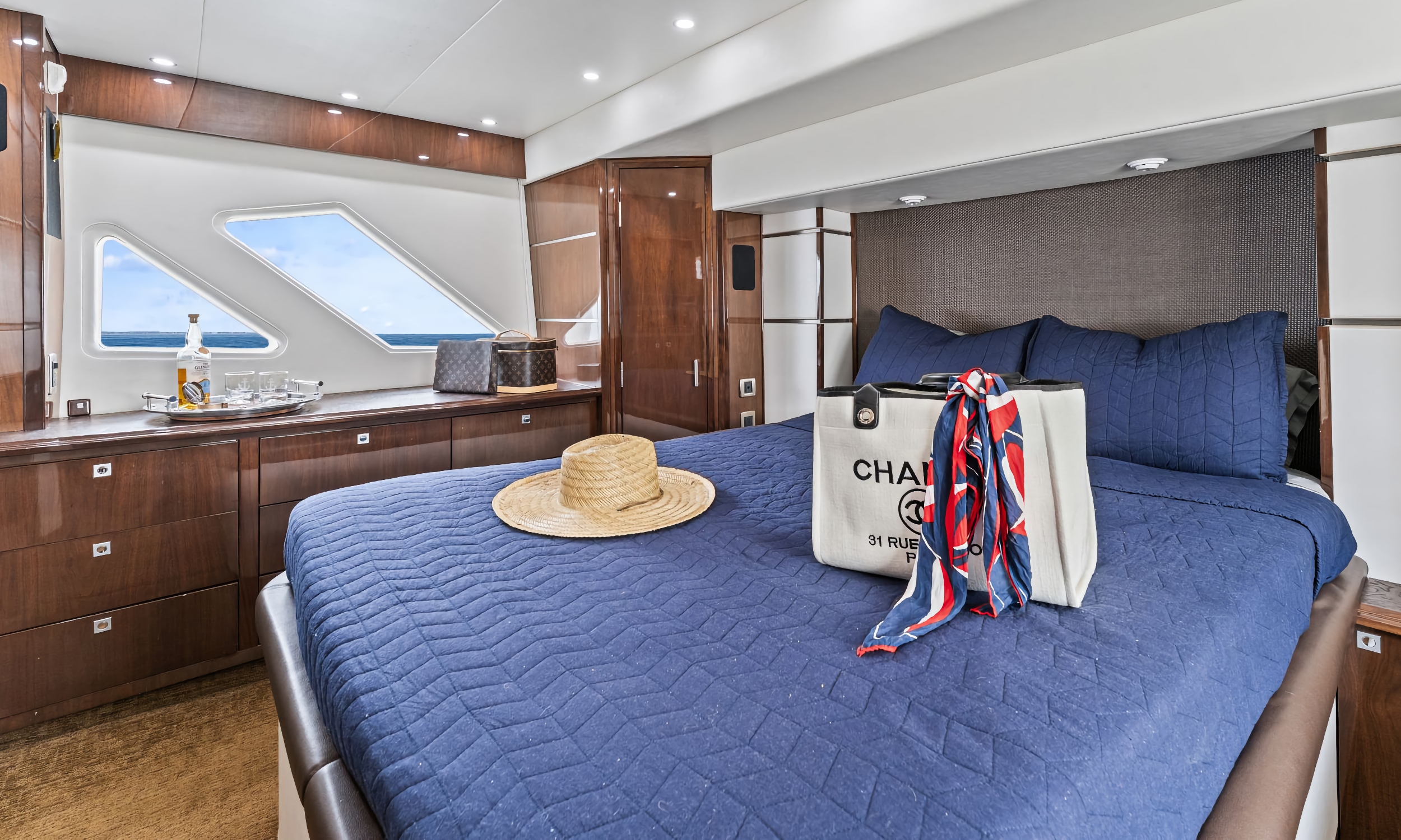 The master stateroom aboard a 55-foot charter power yacht