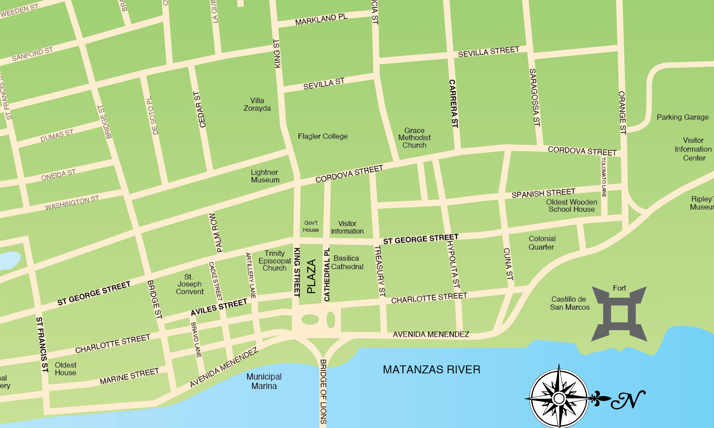 A map of St. Augustine, focusing on the historic district and bayfront