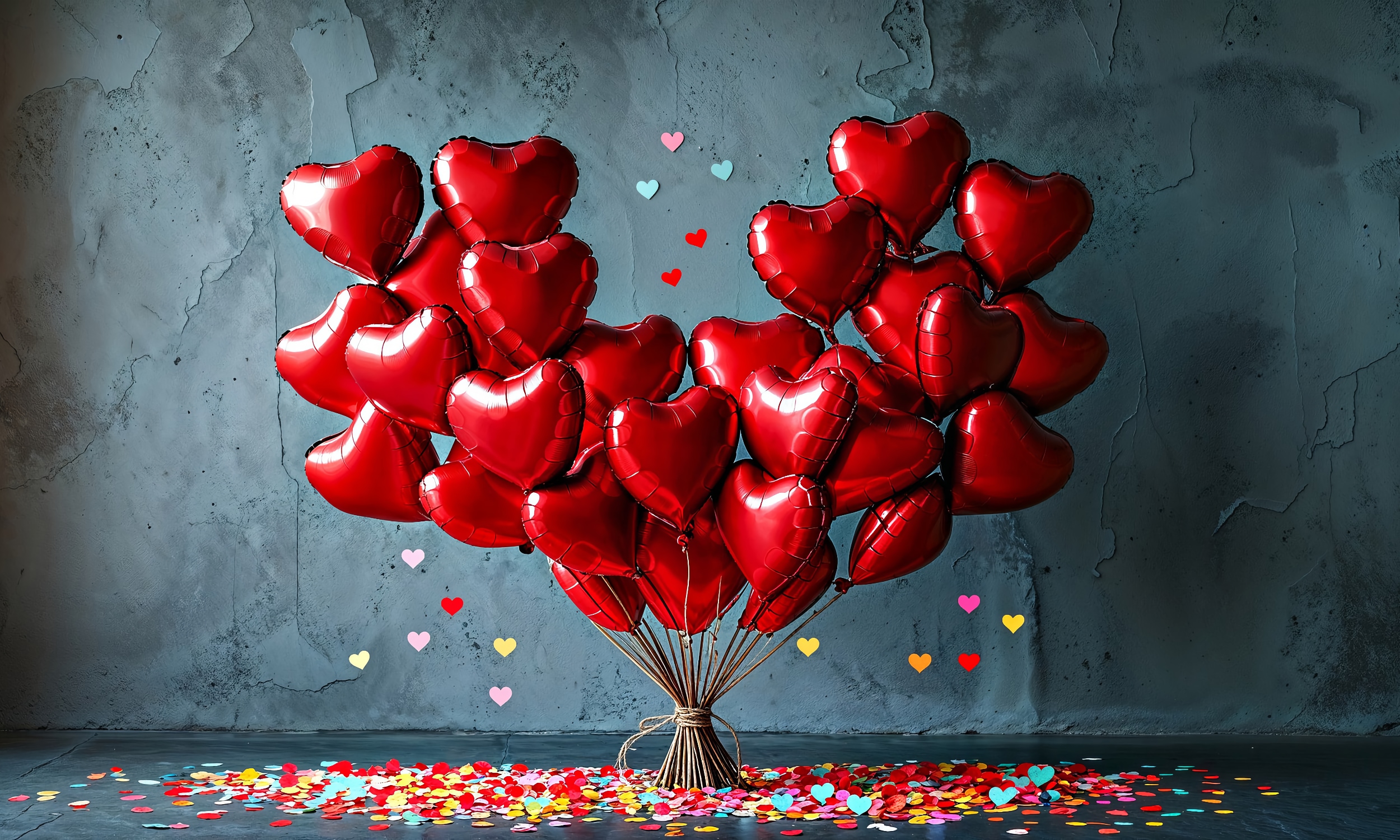A bouque of red heart-shaped balloons with heart confetti 