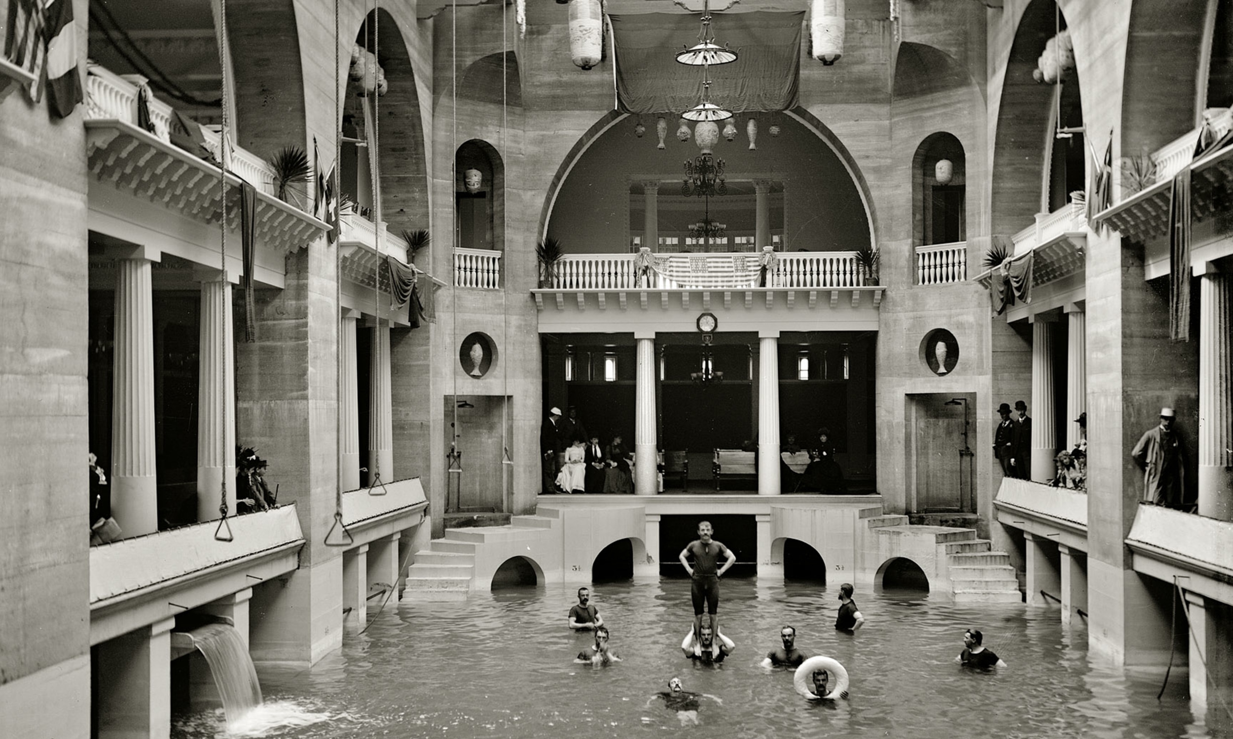 A historic photo of the pool in use at the Lightner Museum