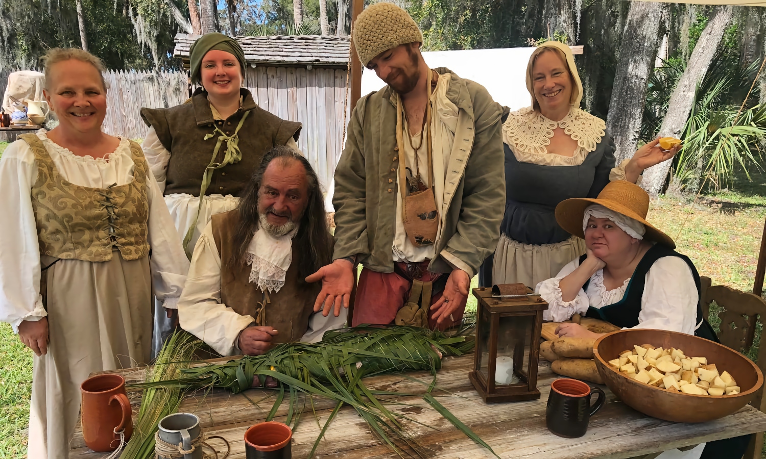 Six reenactors at the encampment at The Oldest House Museum