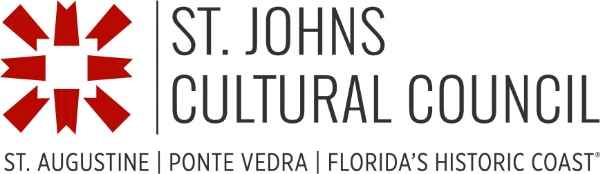 The logo for St. Johns Cultural Council with a red quilt pattern