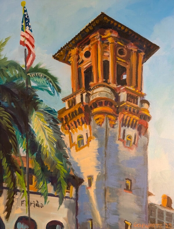 A detail painting of a Lightner tower in oil by Susan Schwartz