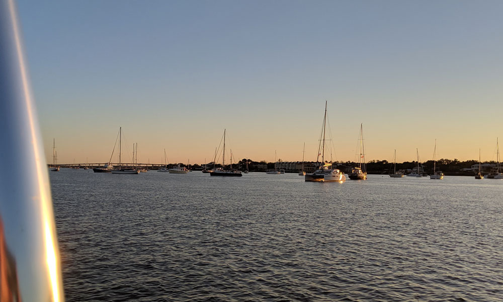 Boats on their mooring at sunset in St. Augustine.