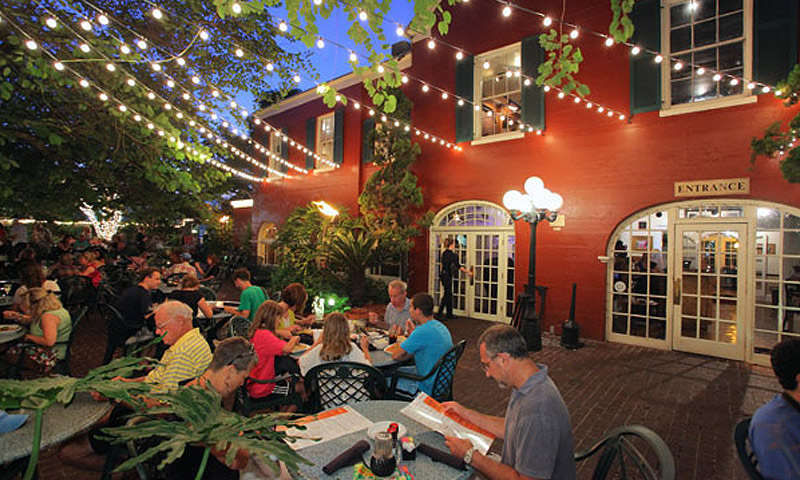 Festive courtyard at Harry's Seafood Bar and Grille. 