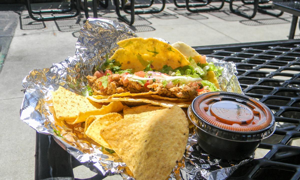 A plate of chicken tacos from Mojo's Tacos in St. Augustine, Florida.