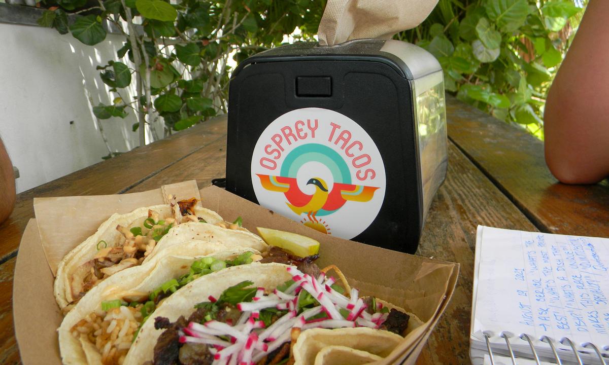 Three delicious tacos from Osprey Tacos in St. Augustine, Florida.