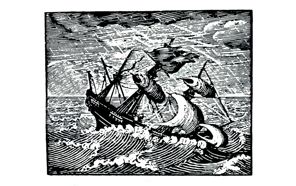 A historic black and white block-print of a ship sailing through stormy seas.