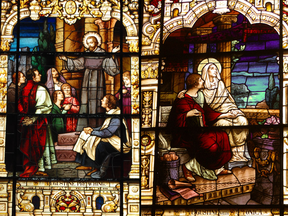 Two colorful stained glass depictions of scenes from the life of Saint Augustine of Hippo.