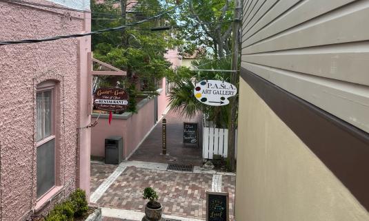 Balcony view at an apartment on Aviles Street, overlooking Charlotte Street in St. Augustine