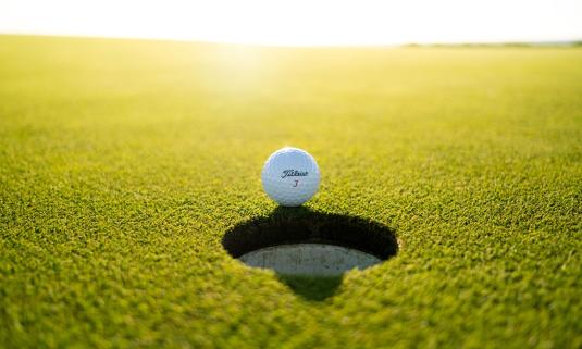 A golf ball rolls next to a whole. 