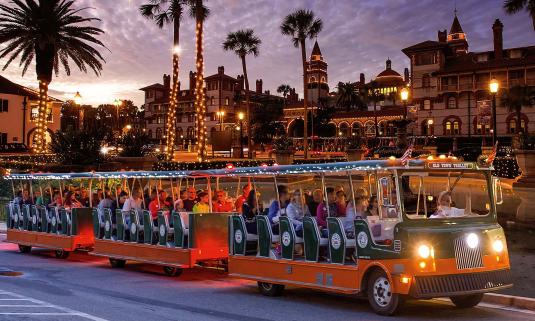 The Old Town Trolley doing its Nights of Lights tour in downtown St. Augustine 