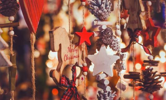 Christmas ornaments on display