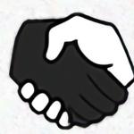 Logo on white BG. Illustration of shaking hands, one Black, one White.