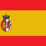 Red and yellow flag of Spain, bearing seal in middle left quadrant.