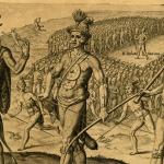 Sepia line illustration. Three Timucua leaders in foreground. Groups of warriors in formation in background.