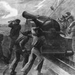 B&W illustration. 8 soldiers man a cannon ball on the deck of a ship. Another ship in the distance.