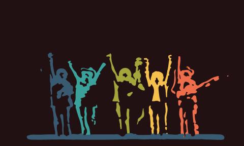 A heavily edited and painted photo of 6 musicians, rendered in solid colors against a black field