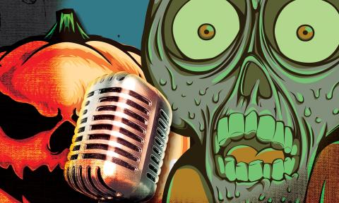 A colorful scary cartoon of an orange pumpkin and a green goblin at an old-fashioned microphone