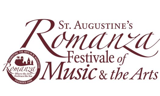 The logo for Romanza Festivale of Music and the Arts, a dark red on white background