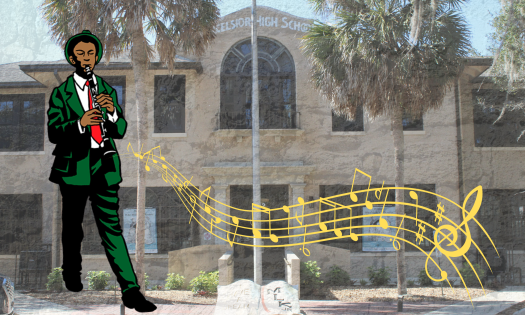 An illustration of a Black musician with yellow musical notes flowing from his saxophone. The background is the Lincolnville Museum and Cultural Center