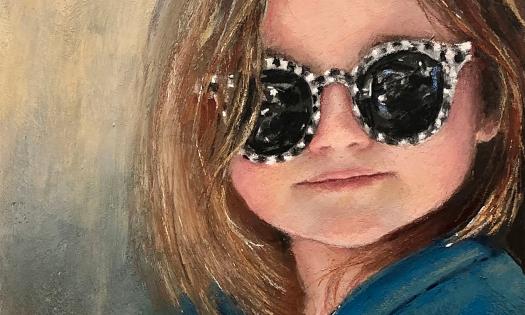 A painting by Paula Pascucci. of a young woman, with brown hair and huge black and white sunglasses