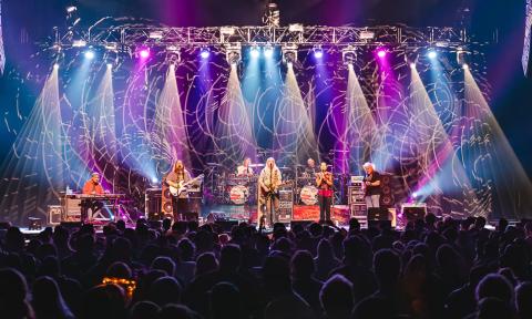 Band members of the Dark Orchestra performs live on a stage with colorful lights. 