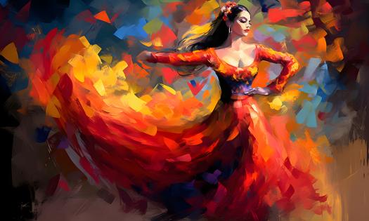 Art depicting a flamenco dancer, moving in a red and orange dress
