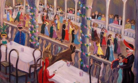 A oil painting of masquerade ball, with guests in vivid costumes mingling in an ornate ballroom