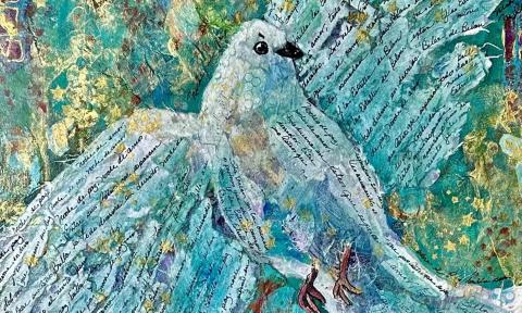 An artistic collage depicting a dove with wings outstretched in front of written text and blue, green, and gold textured patchwork