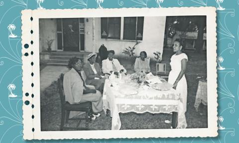 Five African-American women on St. Augustine gathered for tea in a garden