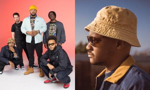 Butcher Brown and Son Little pose in front of a pink and blue backdrop. 