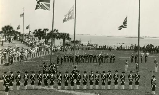 A black and white image of a major commemoration of an historic event in St. Augustine