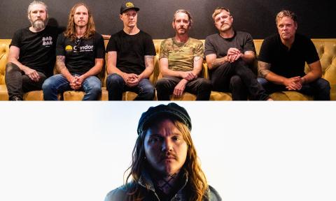 Bandmates from Emery and The Almost pose in front of black and white backdrops. 