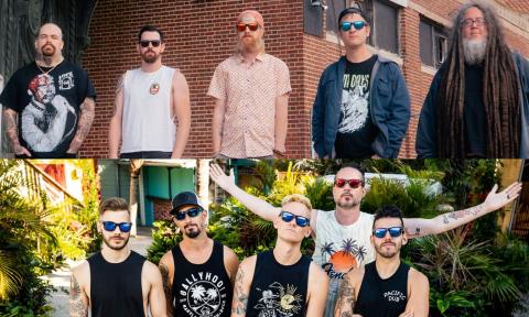 Bandmates from Bumpin Uglies and Ballyhoo! pose for music enthusiasts. 