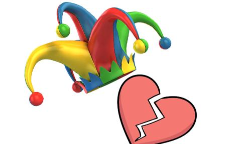 Art combining a Fool's Hat and Broken Heart for the Fools for Love Tale Tellers event