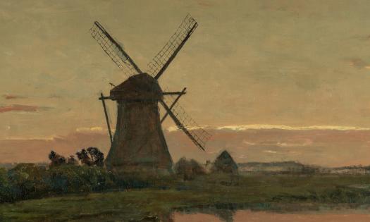 A section of a painting of a windmill in the Netherlands at sunset